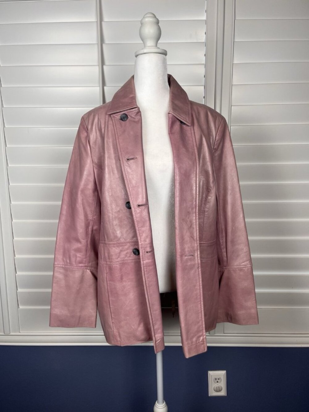Olly London Pink Leather Peacoat Jacket Women’s XL Button Front Collared Lined